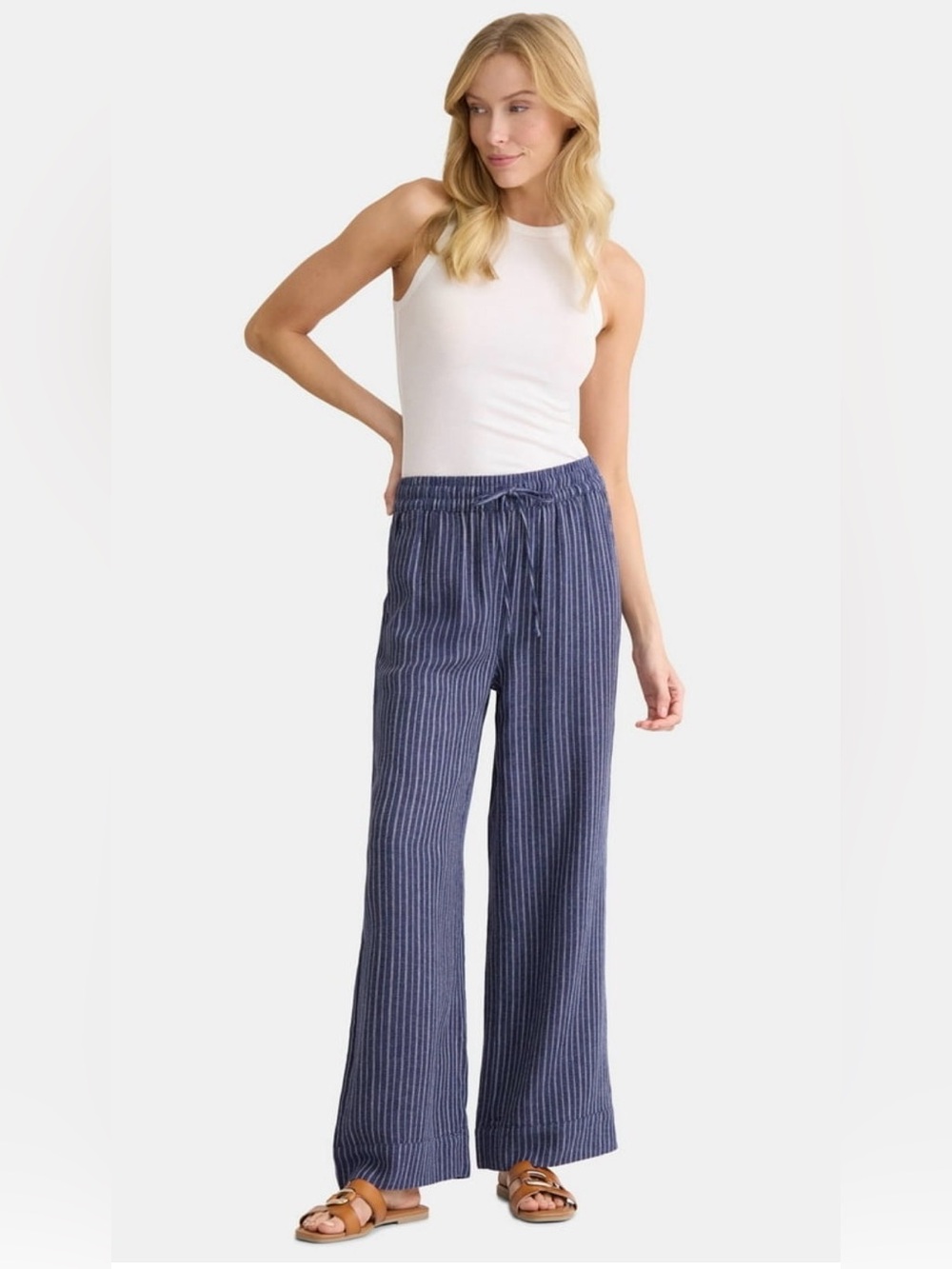 Navy Pinstriped Palazzo Trousers